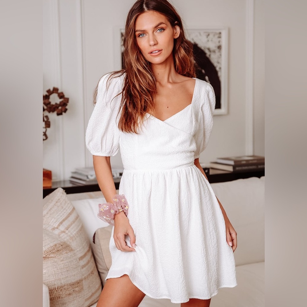 Little Bit In Love White Surplice Puff Sleeve Mini Dress